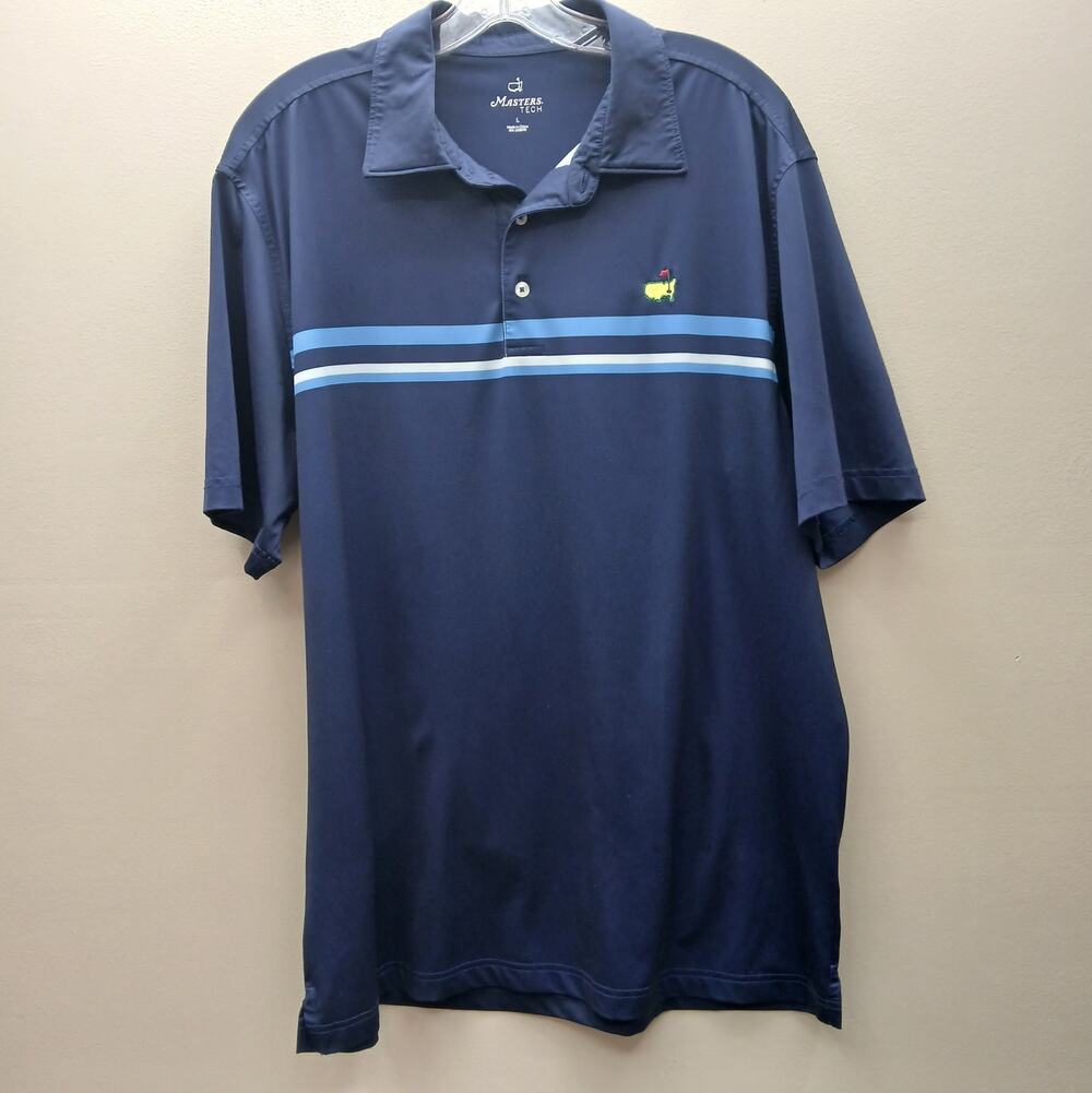 Masters Tech Striped Short Sleeve Logo Golf Polo Shirt Blue Size Large ANGC